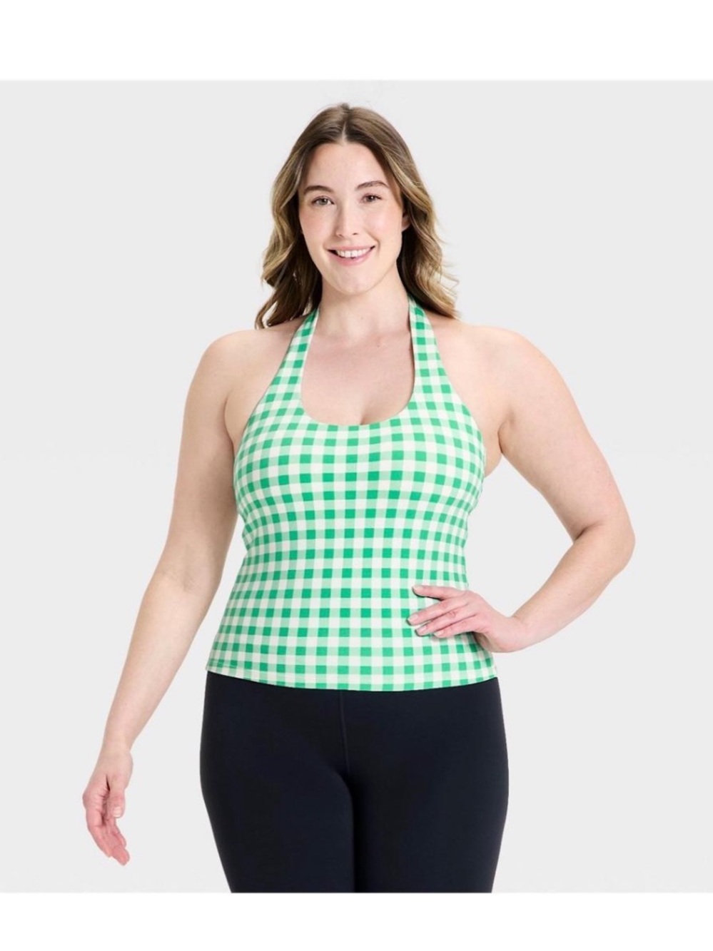 Green Gingham Halter Tankini Top - Women All in Motion size L NWT